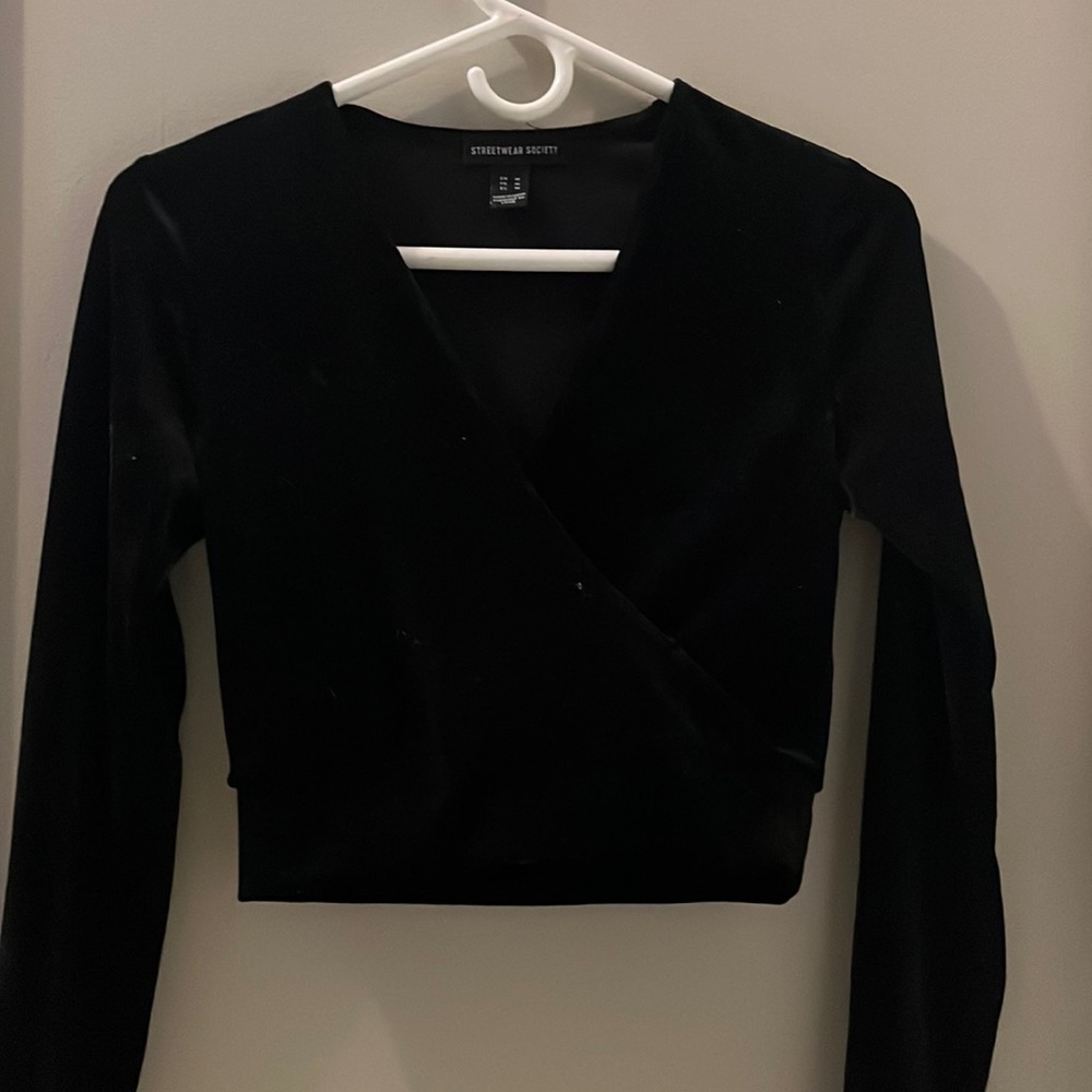 Black crossover v neck low cut velvet top